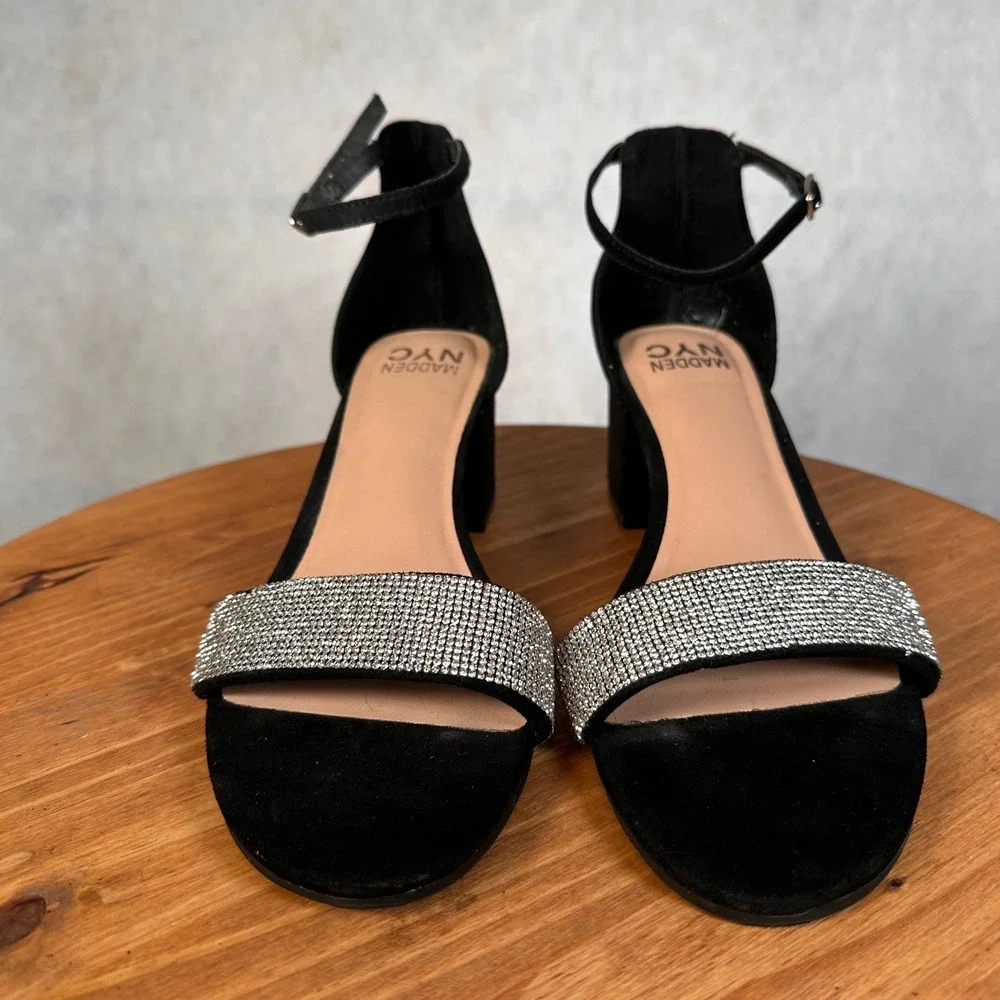Madden NYC Block Heel Sandals Womens 10 Black Rhinestone Good Strappy Heels